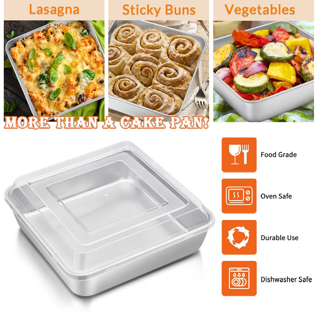 4 Pieces 8 x 8-Inch Baking Pan with lid, Square Cake Brownie Baking Pans Stainless Steel Bakeware Set of 2, Non-toxic & Healthy, Easy Clean & Dishwasher Safe - (2 Pans + 2 Lids)